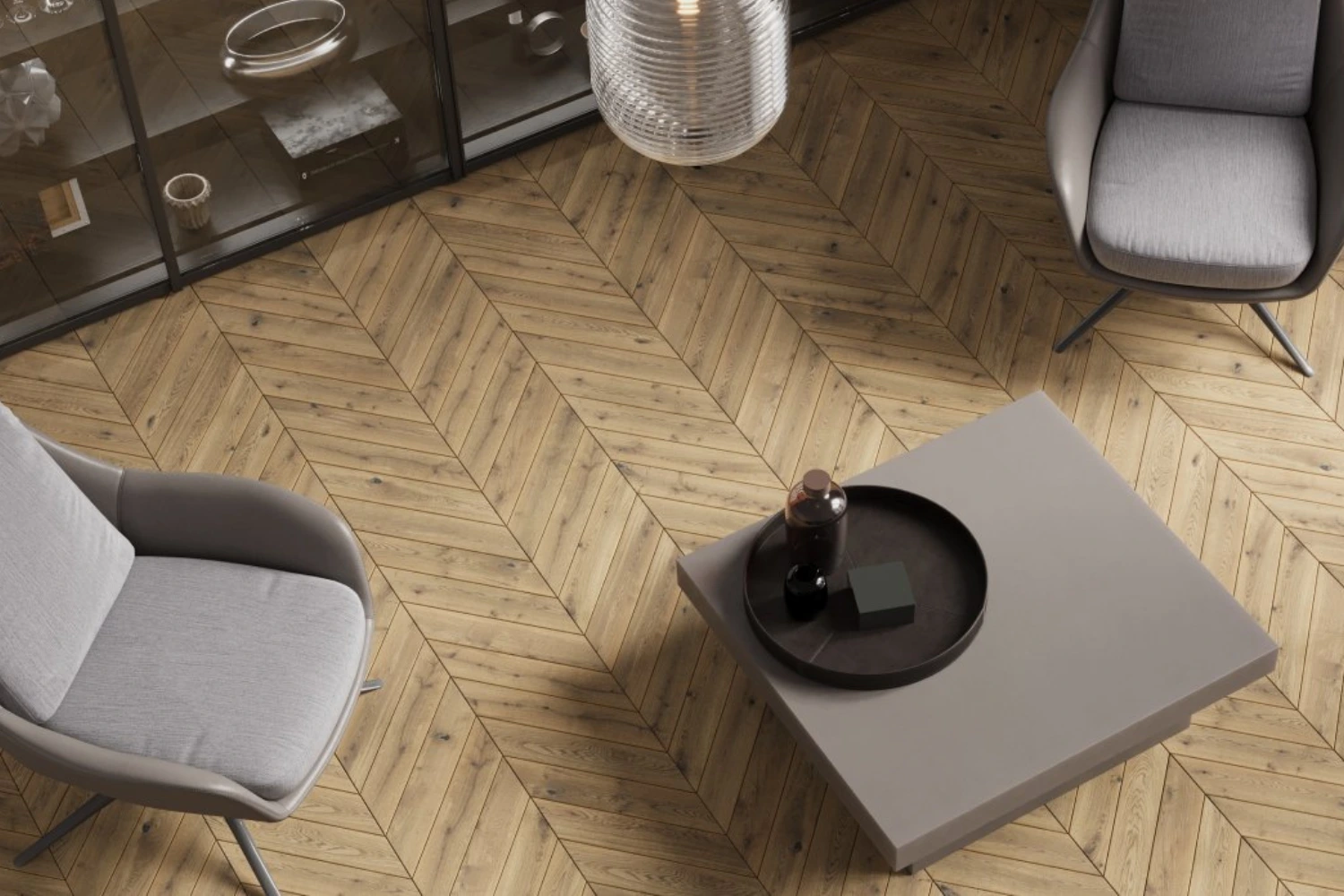 Salon z drewnianą jodełką w nowoczesnym stylu